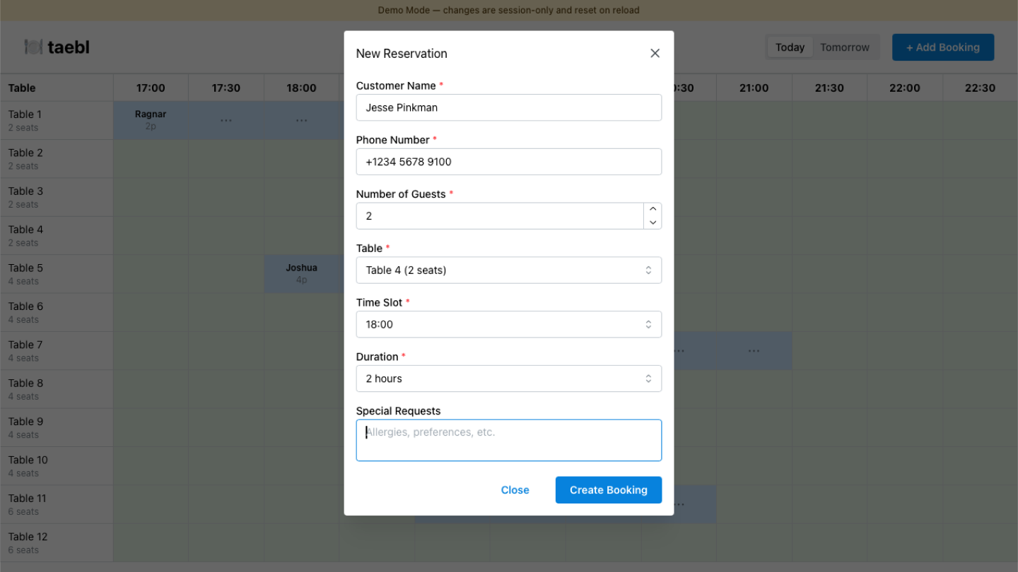 Taebl — booking modal